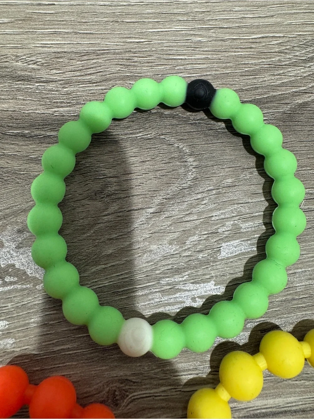 3 Rubber Bead Bracelets - Green, Yellow & Orange - Good Condition